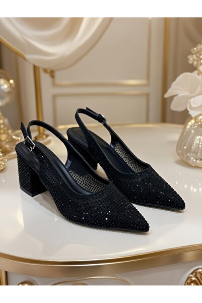Gold Step Kadın Taşlı File Detaylı Slingback Orta Topuklu Ayakkabı Şık ve Rah...