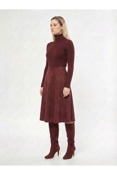 modabirsen Midi Boy Süet Kloş Etek Bordo