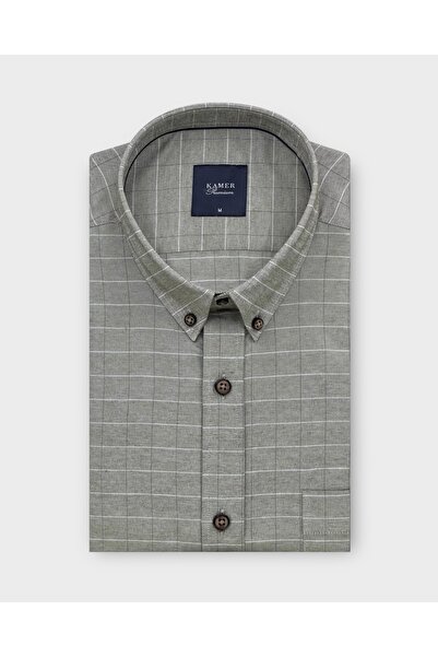 KAMER Men's Regular Fit Long Sleeve Buttoned Collar Checked Green Shirt 4094Y