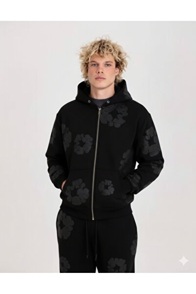 bellanova Black 3 Thread Embroidered Rose Detailed Zippered Tracksuit Set