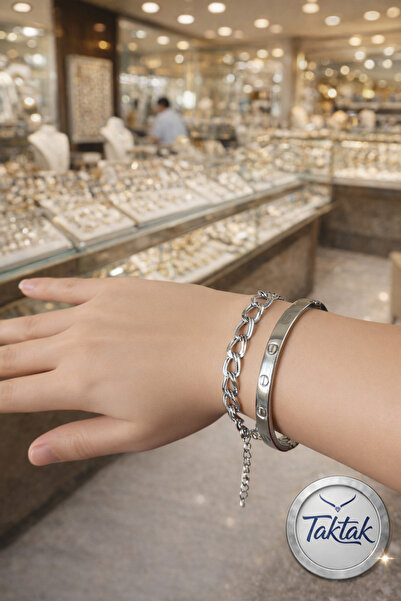 TakTak GÜmüş Renk Kelepçe Kartier Bileklik Bilezik Samanyolu Bileklik 2 li