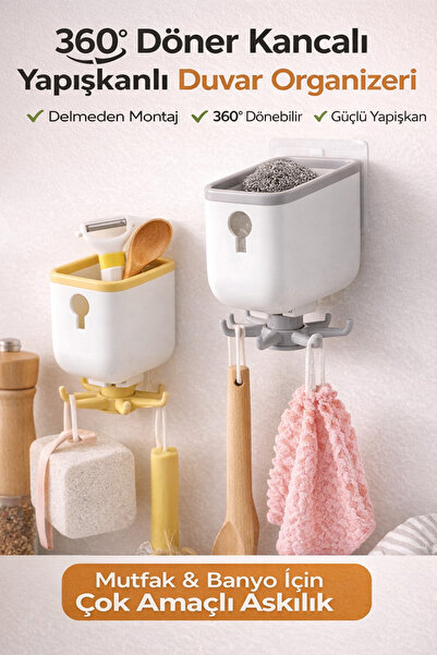 Mode Cool 360° Döner Kancalı Duvar Organizeri – Delmeden Yapışkanlı Mutfak Ba...