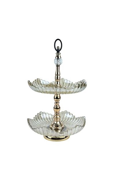 Generic Elegant Two-Tier Glass Serving Stand with Golden Details