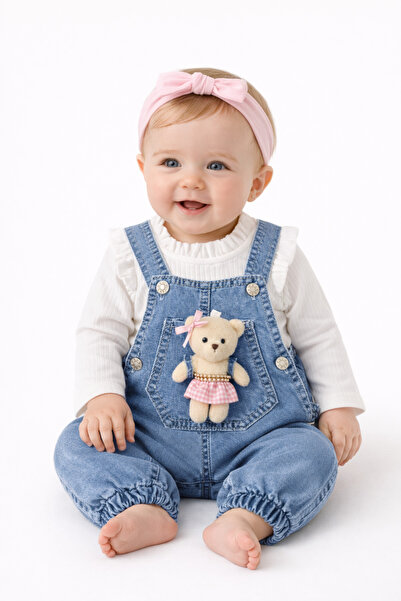 Temiz Baby Baby Girl Denim Salopet Set Ruffled Bodysuit Jean Jumpsuit Set
