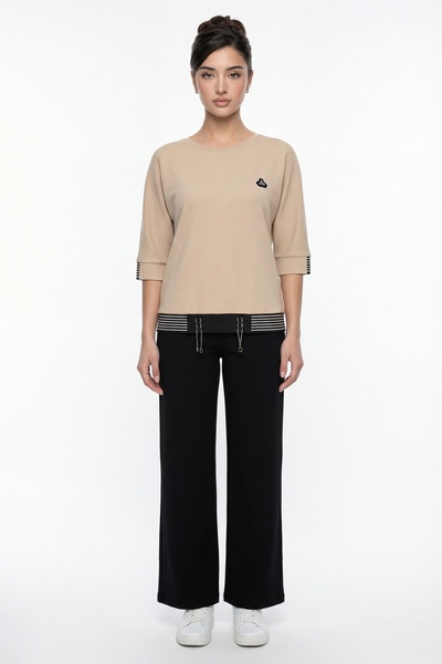 EXİTLİNE Women's beige seasonal top and bottom set with elastic waist and acc...