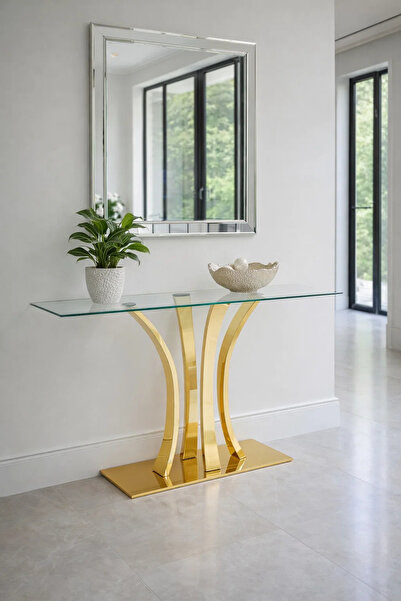 MARIA HOMES Luxury Gold Metal Console Table with Glass Top Modern Entryway Fu...