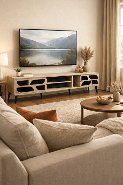 MARIA HOMES Beige TV Table 200×40×45 cm – Modern TV Stand with Decorative Doors