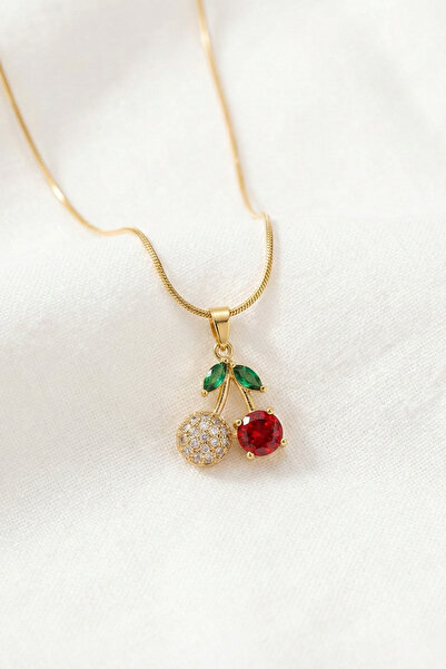 özgül takı ve tasarım Zircon Stone Cherry Model Stainless Steel Gold Color Wo...