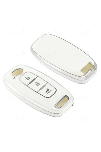 Alazpay غطاء مفتاح من مادة TPU ذو حافة فضية لسيارة نيسان قاشقاي تريل جوك (أبيض)