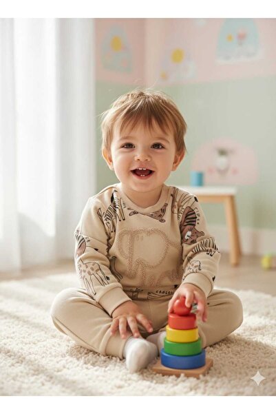 Pıtırkids Baby Boy Elephant Embroidered Safari Patterned 2-Piece Set