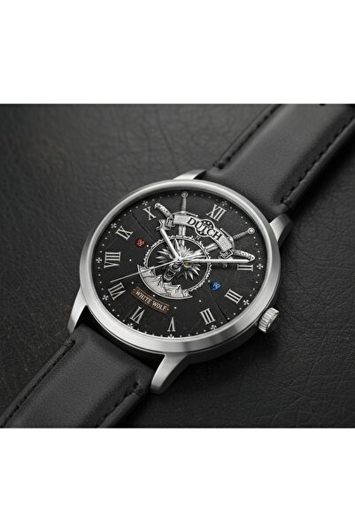 DUTCH STORE White Wolf watch – smooth black leather and silver bezel