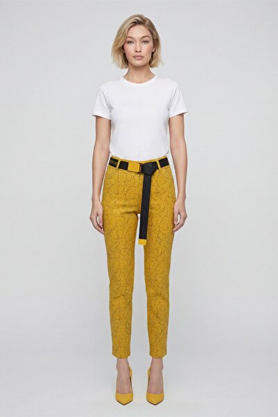 EXİTLİNE Women's Yellow Summer Patterned Belted Trousers with Accessories