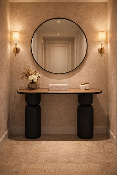 MARIA HOMES Contemporary Wood Top Console Table with Sculptural Black Legs fo...