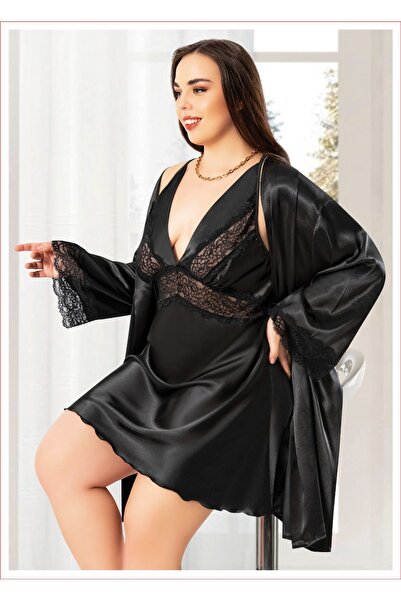 Dynamic Büyük Beden Dantelli Saten Sabahlık Gecelik Takımı