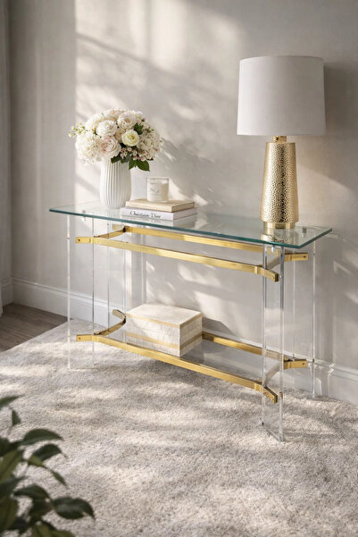 MARIA HOMES Luxury Acrylic Console Table with Gold Accents and Glass Top 120c...