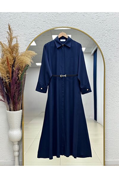 MİHRA STORE Balım Sleeve-End Buttoned Scarf Belted Dress-Şa1121 Navy Blue