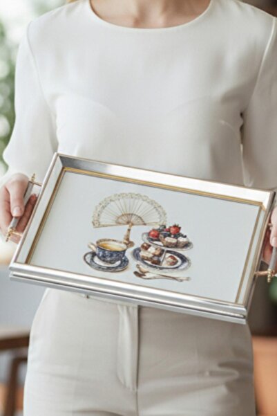 ALBETTO Silver Framed Tea and Dessert Themed Luxury Rectangular Glass Tray - ...