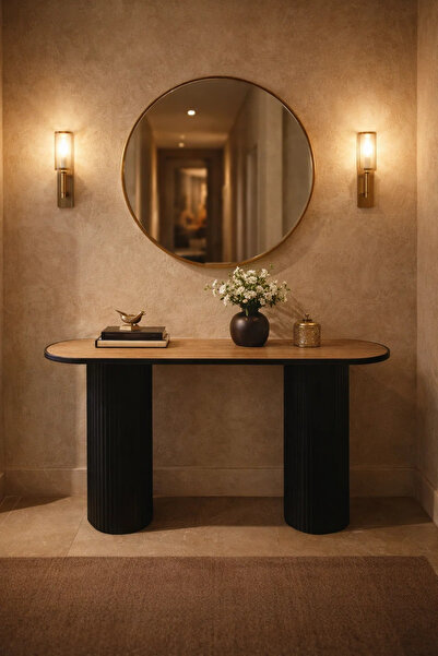 MARIA HOMES Stylish Console Table with Black Fluted Legs and Wood Top for Mod...