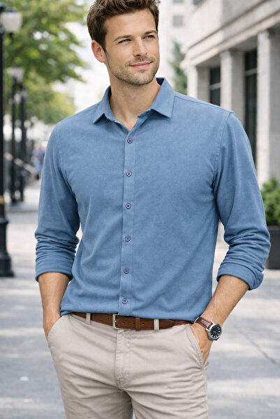 EMPEROR APPAREL Erkek Mavi İngido Uzun Kollu Süet Gömlek