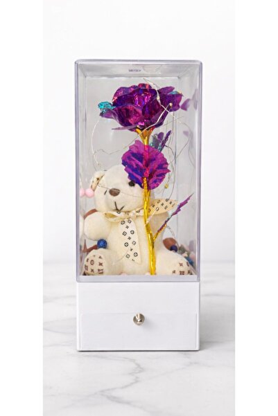 Mami Kristal Kutuda Sonsuzluk Gül ve Ayıcık Işıklı Çekmeceli Takı Kutusu