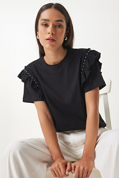 Lovelyİstanbul Knitted T-Shirt with Flounce and Bead Detail Lex0009 Black