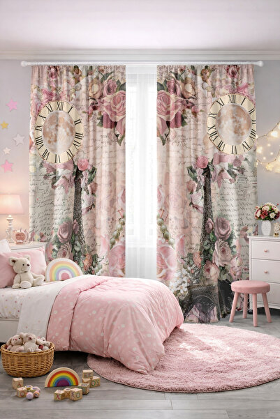 Bebişim Halı Kız Çocuk Odası Çift Kanatlı Fon Perde Eyfel Kulesi Çiçek Desenli