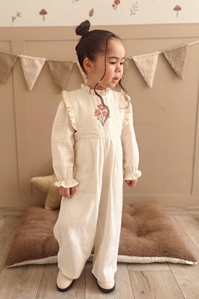 miabambim Floral Embroidered Lace Detailed Jumpsuit Beige