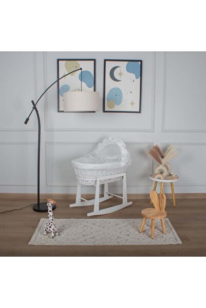 My Baby سرير سلة موسى خيزران ابيض بتلبيسة قماش اللنن اوف وايت مع حامل هزاز ام...