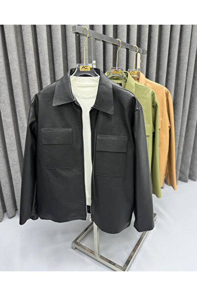Avni Ceylan Men's Premium Wide Collar Pocket Leather Overshirt Jacket