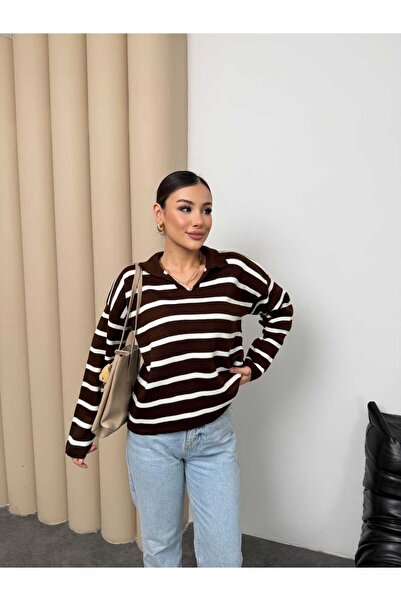 H&E LUXURY DESIGN Women's Polo Neck Striped Sweater