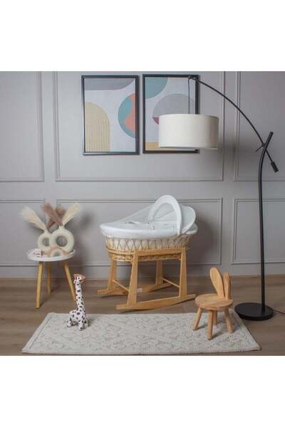 My Baby Wooden rattan Moses basket bed with off-white striped fabric upholste...