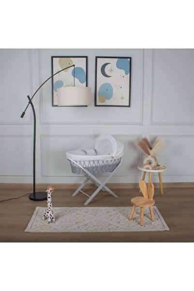 My Baby Gray rattan Moses basket bed with off-white striped fabric cover and ...