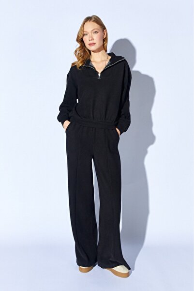 CGA Women's Black Sports Set Tracksuit Set Black Half-Zip Sweatshirt-Elastic ...