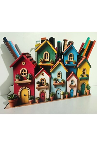 TuraLazerKesim Ξύλινα Χρωματιστά Μίνι Σπιτάκια Επιτραπέζια θήκη για στυλό και...
