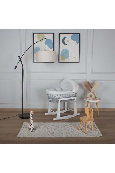 My Baby Gray rattan Moses basket bed with off-white striped fabric cover and ...