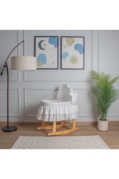 My Baby سرير سلة موسى قش مع تلبيسة قماش قطن اوف وايت بتصميم طبقتين مع حامل هز...