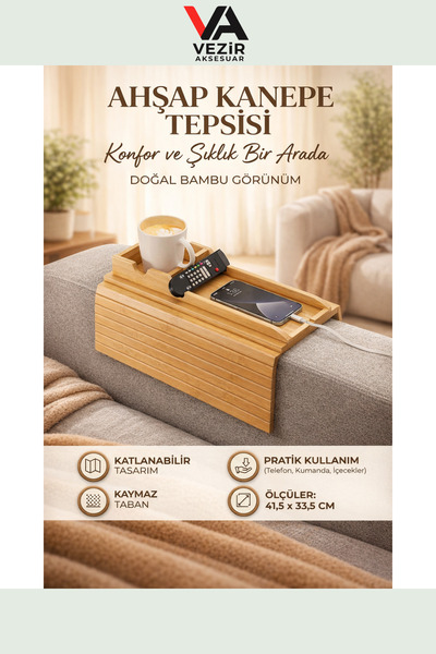 BUFFER®PX Bambu Görünümlü Katlanabilir Kanepe Kolçak Tepsisi | Pratik & Şık T...