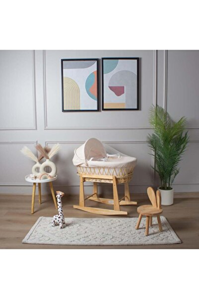 My Baby سرير سلة موسى خيزران خشبي بتلبيسة قماش مقلّم بيج مع حامل هزاز امامي خشبي