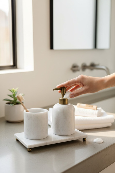 İSAOĞLU YAPI Bathroom Soap Dish Travertine Natural Stone Soap Dish and Toothb...