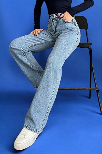 Livik Дамски панталони с широки крачоли и висока талия от деним в цвят „снежн...