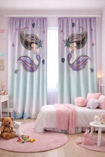 Bebişim Halı Girl's Room Double Winged Background Curtain with Mermaid Pattern