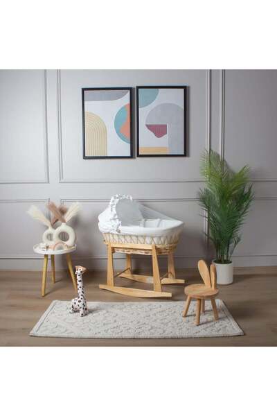 My Baby Wooden rattan Moses basket bed with off-white Facebook fabric upholst...