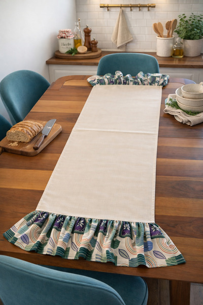 MEKİK BUTİK Ruffled Runner - Raw Linen Stylish Runner - 40X130