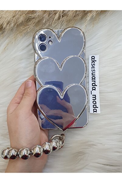 ZB Aksesuarda Moda iPhone 11 Compatible Love Heart Shiny Case with Bead Bracelet