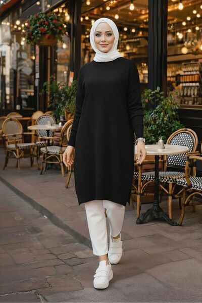 MEİLİN Black Crew Neck Mercerized Loose Knitwear Tunic