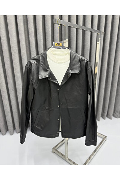 Avni Ceylan Men's Premium Wide Collar Leather Jacket with Snap Closure