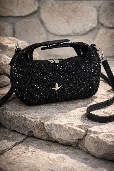 Muqu Bags Gümüş Taş Detaylı Işıltılı El ve Omuz Çantası