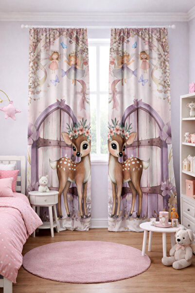 Bebişim Halı Baby Kids Room Double Winged Background Curtain with Cute Deer P...