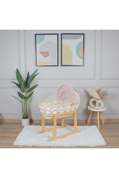 My Baby سرير سلة موسى خيزران خشبي بتلبيسة ضفيرة وردي مع حامل هزاز امامي خشبي