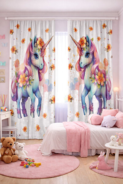 Bebişim Halı Kız Çocuk Odası Çift Kanatlı Fon Perde Çiçekli Unicorn Desenli